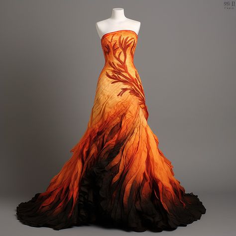 Catness Everdeen Fire Dress, Fire Dress Gowns Ball, Sunset Dress Gowns, Fire Inspired Gown, Fire And Ice Formal Dress, Fire And Ice Prom Theme Dress, Autumn Inspired Fantasy Dress, Flame Dress Gowns, Fire Prom Dress