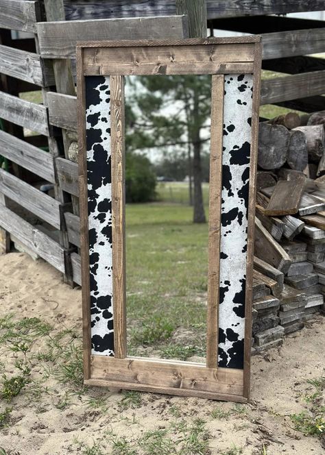 Western Cow Room Ideas, Hobby Lobby Western Decor Bedroom, Western Diy Mirror, Cow Room Ideas Aesthetic, Small Bedroom Western Ideas, Cow Inspired Bedroom, Cow Print Mirror Frame Diy, Country Themed Bedroom Ideas, Ranch House Bedroom Decor