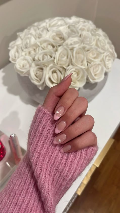 Almond Nails French Tip Valentines, Almond Nails February 2024, Cute Oval Valentines Nails, Simple Vday Nails Almond, Pink French Red Heart, Valentines Almond Nails Short, February Nails Ideas Almond Shape, Short Almond Acrylic Nails Valentines, Oval Valentines Nails Pink