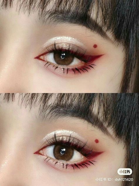 Cute Red Eye Makeup, Geisha Eye Makeup, Historical Makeup Looks, Red Silver Eye Makeup, Red Concert Makeup Looks, Concert Eyeliner Looks, Ateez Makeup Inspired Concert, Red Makeup Looks Hooded Eyes, Stray Kids Concert Makeup