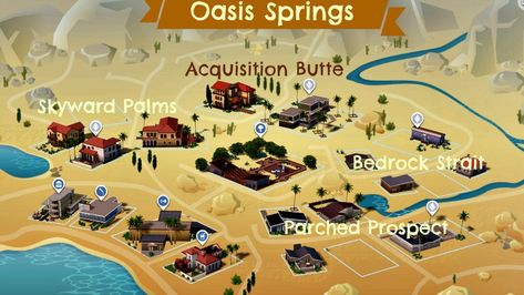 Sims 4 Neighborhood Maps: Oasis Springs Edition Sims 4 Neighborhood, Oasis Springs, Powers Of 10, Save File, Picnic Bench, Public Restroom, Party Places, Playground Equipment, Community Gardening