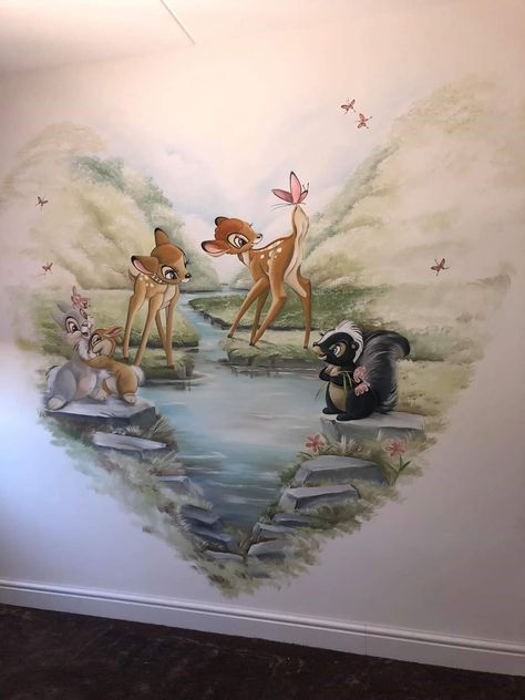 Nursery Ideas Cartoon, Thumper Painting, Bambi Nursery Theme, Disney Mural Bedroom, Disney Wall Painting, Bambi Painting, Disney Nursery Ideas, Small Wall Painting, Bambi Nursery