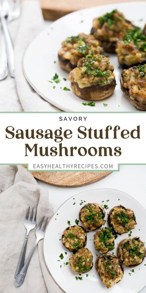 This savory sausage stuffed mushrooms are the ultimate party food! Great for bringing to Thanksgiving, Christmas, or even a New Year's Party, these tasty morsels will be a big hit! Gluten free, keto, and low carb too! Stuffed Mushrooms Gluten Free, Gluten Free Party Appetizers, Sausage Stuffed Mushrooms Easy, Gluten Free Stuffed Mushrooms, Gluten Free Appetizer, Healthy College Meals, Gluten Free Party, Gluten Free Sausage, Stuffed Mushrooms Easy