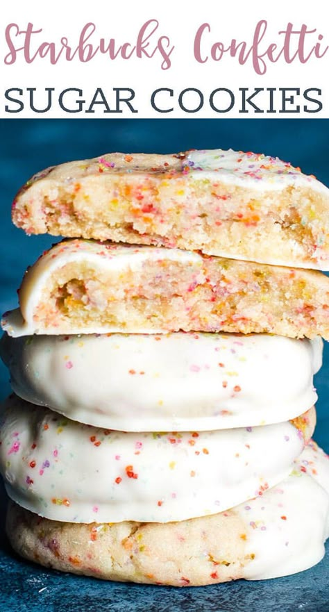 If you love sugar cookies, you'll love these Starbucks Copycat Confetti Sugar Cookies. Tips for the thickest sugar cookie dipped in white chocolate. #sugarcookies #cookies #confetti #sprinkles Starbucks Cookie Recipe, White Chocolate Dipped Cookies, Starbucks Sugar Cookie Recipe, White Chocolate Dipped Sugar Cookies, Starburst Cookies, Starbucks Copycat Recipes Food, Sugar Cookie Sprinkle Recipe, Sugar Cookie Mix Recipes, Copycat Starbucks Snowman Cookie