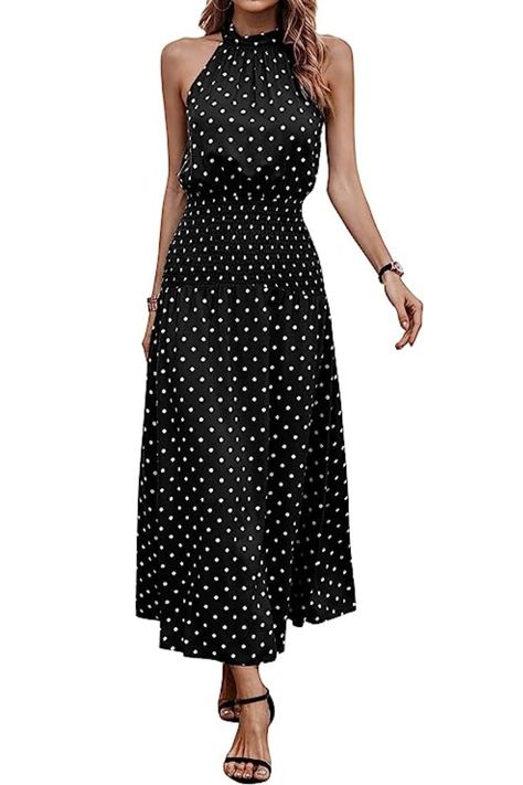 Women's Black & White Summer Boho Halter Neck Maxi Dress. Smocked,Sleeveless, Flared Skirt, Flowy Long Beach Dress. Beach Dresses For Wedding Guest, Women Maxi Dresses Summer, Flowy Dress Long, Tie Waist Maxi Dress, Dresses For Wedding Guest, Tropical Maxi Dress, Boutique Maxi Dresses, Halter Neck Maxi Dress, Sweater Maxi Dress