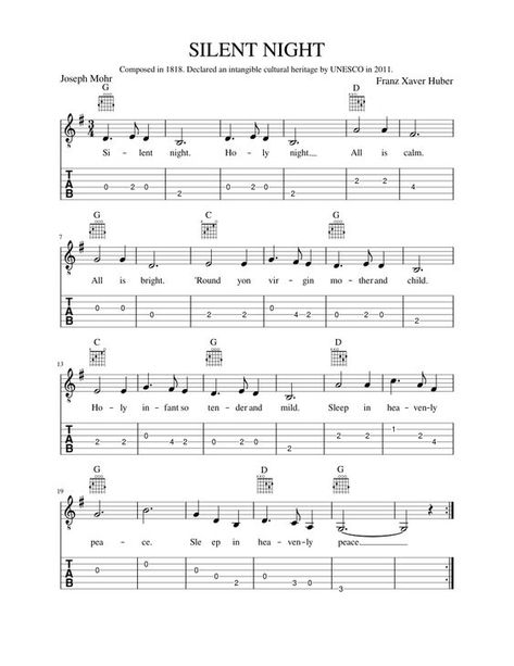 Download and print in PDF or MIDI free sheet music for Silent Night by Franz Xaver Gruber arranged by Mr. Jeff for Guitar (Solo) Silent Night Sheet Music, Simple Guitar, Guitar Tabs And Chords, Easy Guitar Tabs, Guitar Sheet Music, Easy Guitar, Guitar Solo, Guitar Tabs, Guitar Music