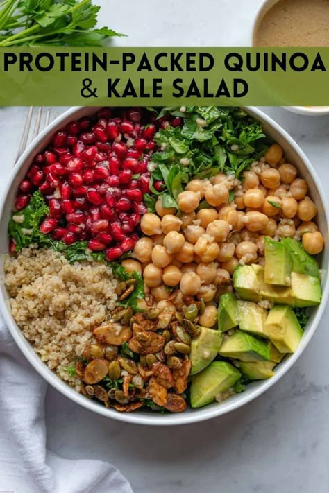 Healthy Protein-Packed Quinoa & Kale Salad is loaded with antioxidants, fiber, and heart healthy fats. A budget-friendly, easy vegan dinner. Quinoa Kale Salad, Salad Protein, Beginners Recipes, Quinoa Kale, Kale Quinoa Salad, Dijon Dressing, Quinoa Healthy, Easy Vegan Dinner, Ambrosia Salad