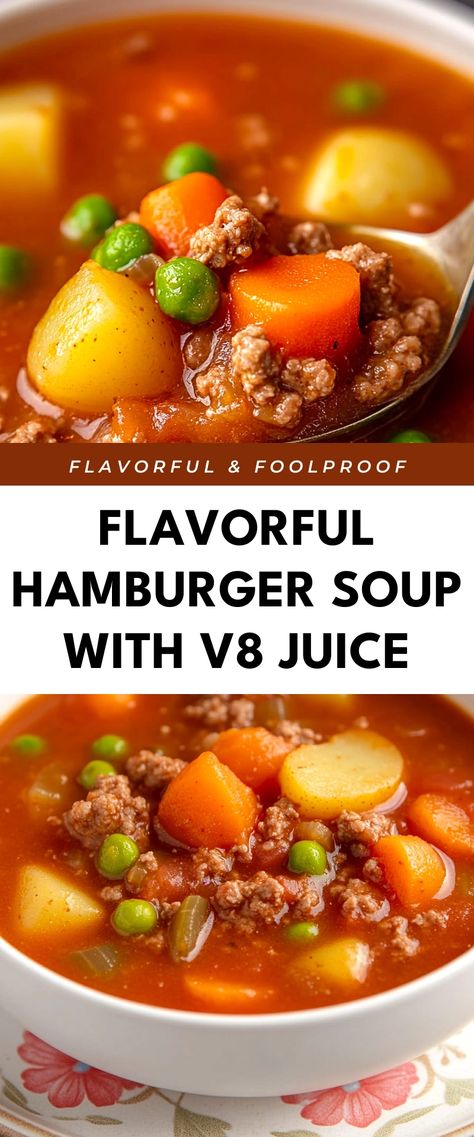 Image for Flavorful Hamburger Soup with V8 Juice Hamburger Vegetable Soup With V8, Hamburger Vegetable Soup With Tomato Juice, Hamburger Soup With V8 Juice, V8 Soup, V8 Recipes, Soup With V8 Juice, Cabbage Hamburger Soup, Hamburger Vegetable Soup, V8 Juice