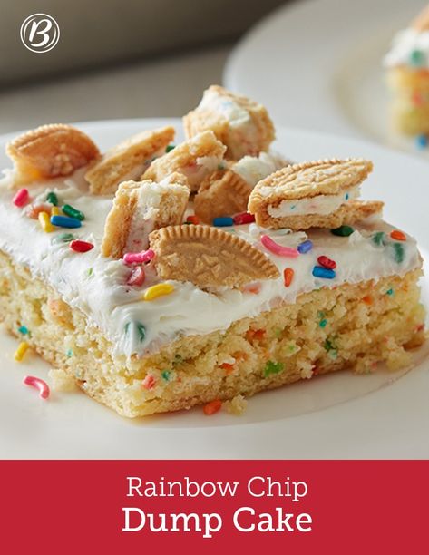 Rainbow chips, sprinkles and birthday cake come together to make this deliciously fun and colorful cake that’s perfect for any occasion. Dump Cake Recipes Funfetti, Rainbow Cake Mix Recipes, Birthday Dump Cake, Confetti Dump Cake Recipes, Party Rainbow Chip Cake Mix Recipes, Rainbow Chip Cake Mix Recipes, Rainbow Chip Cake, Rainbow Chip Frosting, Oreo Birthday Cake