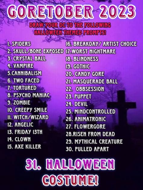 goretober inktober halloween oc art challenge!!! :))) 🦇🦇🪦 Halloween Oc Challenge, Halloween Oc Ideas, Weirdcore Oc Challenge, Halloween Art Challenge, Halloween Oc Art, Artober 2024, Oc Art Ideas, Oc Art Challenge, October Prompts