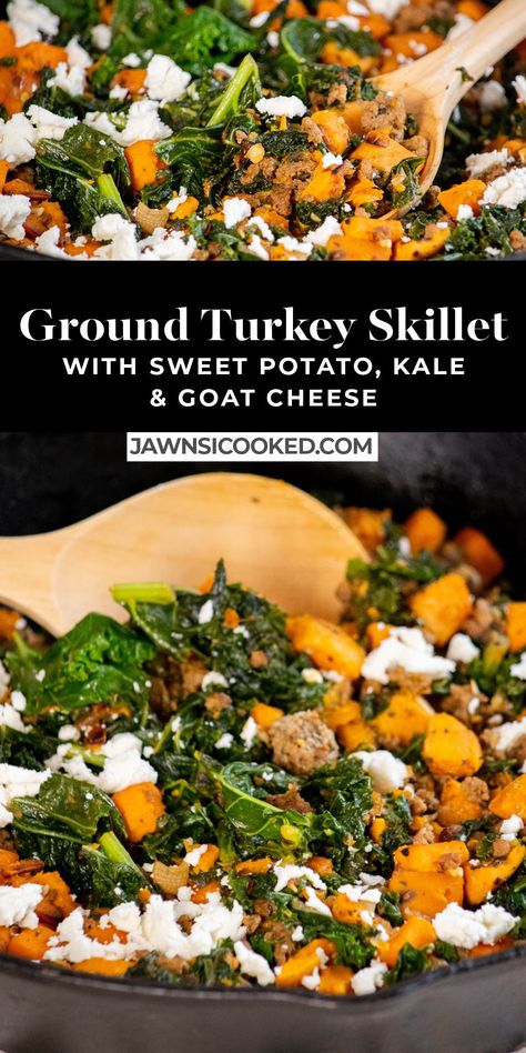 Thanksgiving Skillet Recipes, Ground Turkey Kale Sweet Potato, Turkey Kale Sweet Potato Skillet, Kale Ground Turkey Recipes, Ground Turkey Goat Cheese Recipes, Ground Turkey And Sweet Potatoes Recipes, Ground Turkey Recipes For Dinner Gluten Free, Sweet Potato And Ground Turkey Skillet, Ground Chicken Sweet Potato Skillet