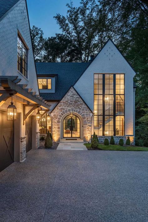 Outside Of Homes Ideas, Wall Of Glass Doors And Windows, Midwest Homes Exterior, Belgian Farmhouse Exterior, English Country Exterior, Modern European Home Exterior, Trellis Over Garage, Brick And Stone House Exterior, Modern Tudor House Exterior