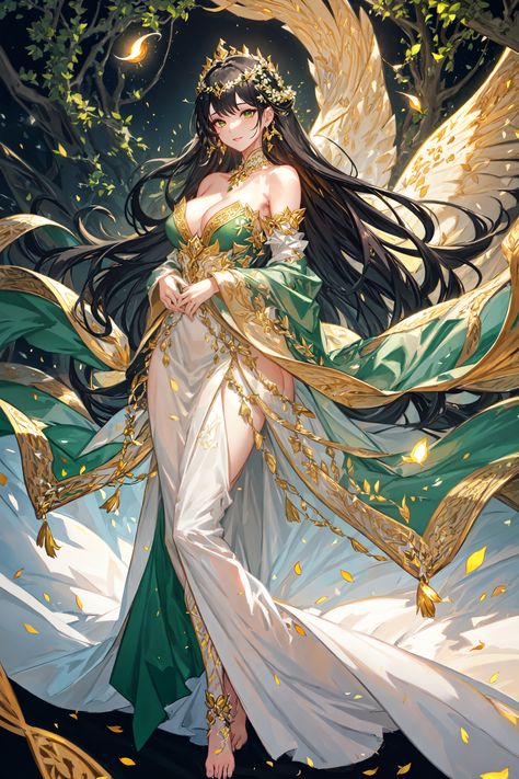 "Discover the enchantment of the forest with this digital painting of a young maiden in a mystic gown, amidst nature's allure. Her serene gaze invites you into a world where magic dances in the air, and tranquility reigns. Step into a tale spun of gold and green – a moment captured forever." Nature Goddess Art, Soul Haunters, Booba Drawings, Magical Gown, Ethereal Forest, Enchanted Characters, Retail Architecture, Nature Goddess, Avatar Characters