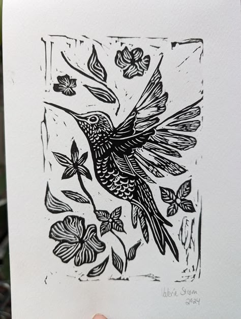 Colibri colibri - linocut print Hummingbird Block Print, Linocut Prints Birds, Folk Art Hummingbird, Bird Lino Print, Linocut Drawings, Hummingbird Linocut, Monotype Printmaking Ideas, Modern Linocut, Linocut Prints Ideas Simple