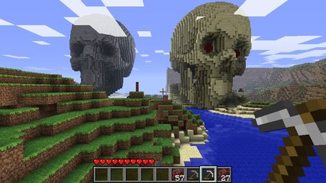 Giant skull Minecraft Project Giant Skull Minecraft, Skull Minecraft, Minecraft End Portal, Ice Ideas, Pirate Cove, Minecraft Statues, Minecraft Seeds, Cat Scan, Pirates Cove