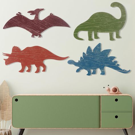 PRICES MAY VARY. Dinosaur Themed Decor: enhance your kid's room with our wooden dinosaur bedroom decors, immersing your child in a world of imagination, these dinosaurs are more than just decorations, but tools to learn about creatures from the past, this set contains 4 different dinosaurs, a pterosaur, a tanystropheus, a triceratops, and a stegosaurus, bringing a variety of dinosaur species into your child's room Size Details: with attention expended to detailing and size differentiations, we e Kids Farmhouse Bathroom, Dinosaur Nursery Theme, Dinosaur Theme Bedroom, Dinosaur Decor Bedroom, Dinosaur Wall Decor, Dinosaur Wall Decals, Dinosaur Bedroom, Dinosaur Room, Wall Art For Kids