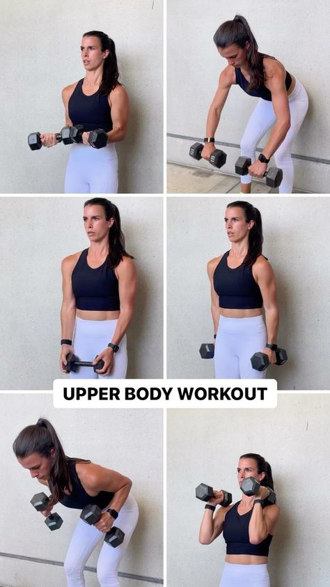 UPPER BODY WORKOUT⚡️ Grab a set of dumbbells for these! ✅6 exercises ✅8-12 reps each ✅3-4x 📝The last few reps should definitely be… | Instagram Upper Dumbell Workout, Dumbell Workout Lower Bodies, Dum Bell Workout Arm Exercises, Arm And Back Dumbell Workout, Back Workout Dumbbells Only, Arm Dumbbell Workout, Dumbell Workout Women, Dumbell Workouts, Upper Body Dumbbell Workout