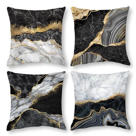 PRICES MAY VARY. Polyester Size: Set of 4 gold and black marble texture pillowcases - 18 x 18 inches/45cm x 45cm , black and gold pillow cover ONLY (NO Insert). Material: Black Gold grey throw pillow covers is made of high quality polyester, soft, breathable and comfortable.It is perfect for Black gold living room decor, black gold couch decoration and accessories,black gold bedroom decor.It is a great gifts as housewarming gifts for new home,new apartments. Design: Decorative pillow covers for Black Gold And White Living Room Decor, Bedroom Decor Black And Gold, Black And Silver Home Decor, Grey Black And Gold Living Room, Black And Gold Bedroom Decor, Black And Gold Bedroom Ideas, Black Gold Living Room, Black White And Gold Bedroom, Grey And Gold Bedroom