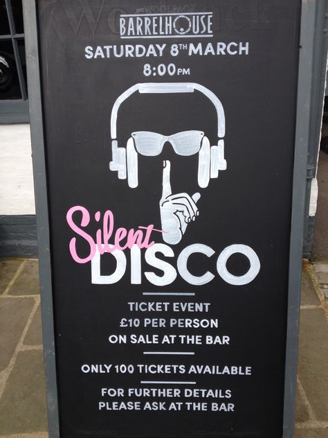 Silent Disco Chalkboard Disco Chalkboard, Silent Disco Party Ideas, Hen Fest, Disco Party Birthday, Silent Disco Party, Silent Party, Garden Party Decorations Diy, Flamingo Birthday Party Invitations, Disco Party Ideas