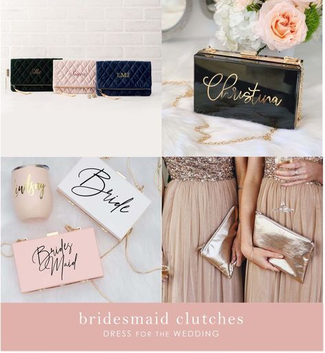 Where to find wedding clutches for bridesmaids and the wedding party. #bridesmaidgifts #bridesmaidgiftidea #clutches #handbagss #weddingideas #weddingplanning Image and product sources: 1. Personalized Velvet Clutch from Love and Luxe Handmade on Etsy 2. ModParty on Etsy 3.Personalized Clutch from The NativeBride on Etsy 4. SuedeandCo on Etsy Bridesmaid Bag Ideas, Packing Ideas For Wedding, Bridesmaid Dresses Different Colors, Rose Gold Bridesmaid Dress, Dress For The Wedding, Spring Bridesmaid Dresses, Bridesmaid Clutch, Fall Bridesmaids, Personalized Clutch