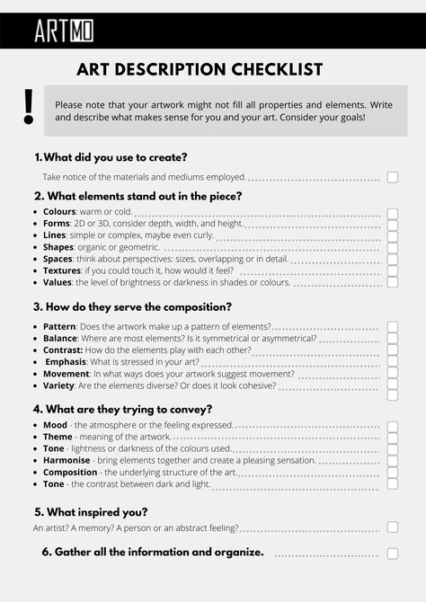 Checklist that works as a tutorial for art description from the ARTMO plataform. Artist Study Gcse, Painting Checklist, Art Analysis, Art Knowledge, Art Critique, Art Handouts, Art Teacher Resources, Art History Lessons, Art Criticism