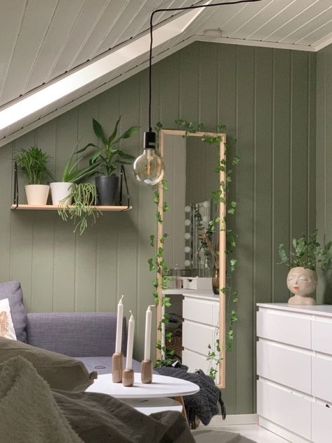 Aesthetic Green Bedroom Walls, Sage Green Loft Bed, Green Theme Room Decorating Ideas, Safe Green Aesthetic Bedroom, Green Bedroom Walls Cozy, Green Painted Room Aesthetic, Room Ideas Aesthetic Minimalist Green, Leaves Bedroom Aesthetic, Green Walls Aesthetic Bedroom