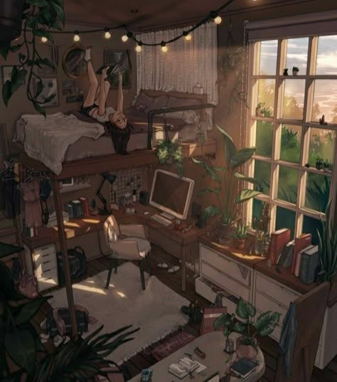 Лери Anime Room Illustration, Room Illustration, Bedroom Drawing, Japan Illustration, Isometric Art, Interior And Exterior Design, Fantasy House, Anime Room, House Drawing