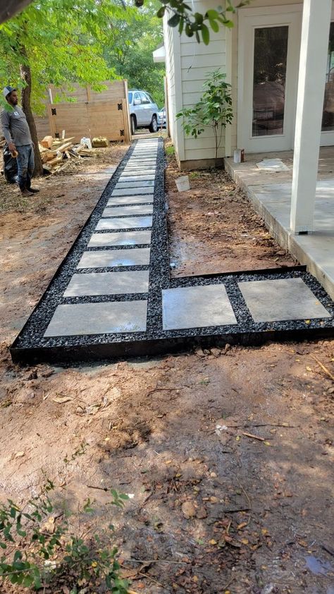 Black star gravel & charcoal leuder  pathway  firepit with  seating area in Austin TX Black Star Gravel, Backyard Walkway, Walkway Landscaping, Side Yard Landscaping, Backyard Renovations, Backyard Remodel, Diy Backyard Landscaping, Backyard Inspiration, Home Landscaping