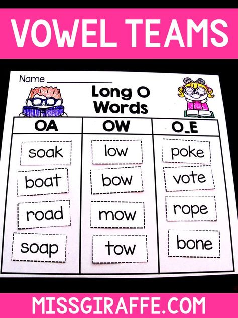 Long O Vowel Teams are so fun with these ideas for teaching the OA and OW sound plus O-E in this activity Long O Sound Activities, Long O Vowel Teams, Long O Activities, Oa Vowel Team, Vowel Teams Anchor Chart, Ow Sound, Vowels Activities, Oa Words, Long U Words