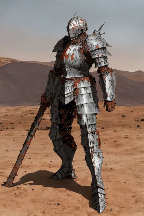 The image depicts a tall, imposing figure standing in the middle of a desert landscape. The figure is wearing a suit of armor that is badly damaged and rusted. The armor is made of metal plates that are riveted together, and it covers the figure's entire body. The figure's helmet is missing, and its face is obscured by a visor. The figure is holding a large, rusty sword in its right hand. The sword is broken, and the blade is missing. The figure is standing in a relaxed pose, and it appears to be waiting for someone. Imposing Pose, Rusted Knight, Rusted Armor, Rusty Armor, Medieval Horror, Ink Reference, Relaxed Pose, Metal Drawing, Metal Plates