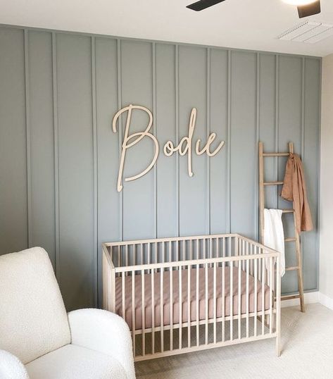 Neutral Nursery With Accent Wall, Accent Wall Nursery Boy, Beige Nursery Ideas, Nursery Accent Walls, Green Blue Nursery, Nursery Feature Wall, Shiplap Nursery, Nursery Paint Colors, Wainscoting Bedroom