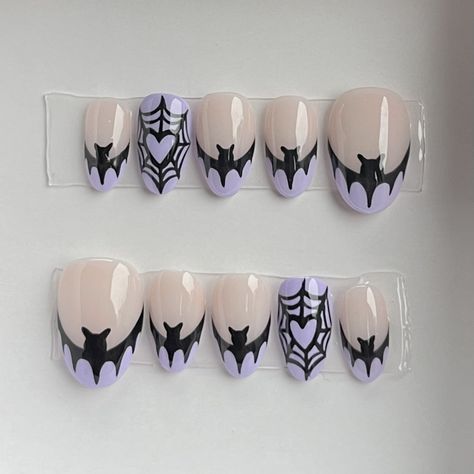 #nycpressonnails #cutepressons #nails #glam #beauty #customnails #glossynails #internationalshipping #internationalbusiness #smallbusinessowner #glamnails #almondnails #frenchtips #purplenails #fallnails #halloweennails #batnails #spiderwebnails #handmadenails #trendypressons #nycnails #nycnailtech #nycnailartist #pressonnaillovers #nailideas #trendynails #shopsmallbusinesses #custom #trendy #supportsmallbusinesses #nailinspo2022 Gothic French Nails, Bat Tip Nails, Bat French Tip, French Bat Nails, Bat French Tip Nails, Bats Nail Design, Purple Bat Nails, Bat Nails, Nyc Nails