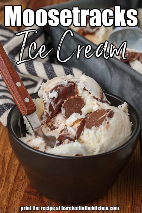 Moose Tracks Ice Cream Moose Tracks Ice Cream Recipe, Moose Tracks Ice Cream, Kitchen Aid Ice Cream Recipes, Homemade Ice Cream Recipes Machine, Kitchen Aid Ice Cream, Moose Tracks, Rocky Road Ice Cream, Best Homemade Ice Cream, Ice Cream Recipes Machine