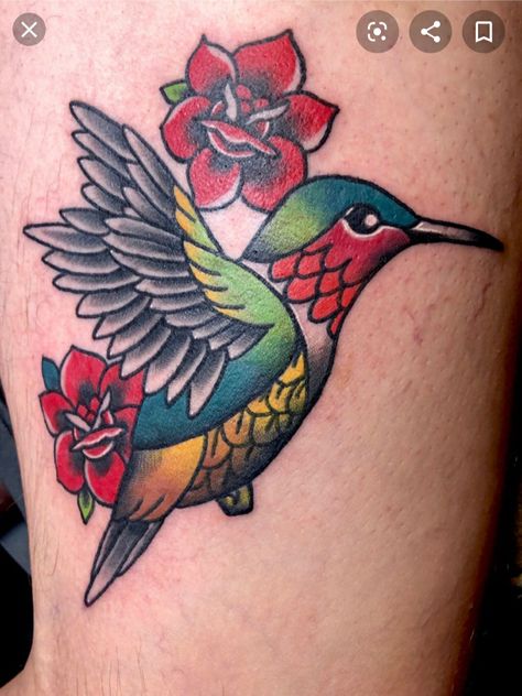 Traditional Hummingbird Tattoo, Traditional Hummingbird, Colorful Hummingbird Tattoo, Hummingbird Tattoo Meaning, Tatuaje Cover Up, Embroidery Tattoo, Saved Tattoo, Traditional Tattoo Sleeve, Tatuaje A Color