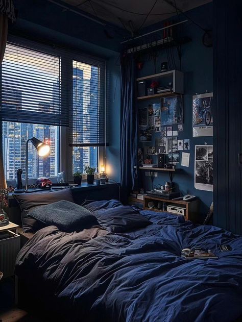 Desired Reality Bedroom, Gray Walls Bedroom Aesthetic, Dark Blue Bedroom Aesthetic Cozy, Blue Room Aesthetic Dark, Cyan Bedroom Ideas, Dark Blue Cozy Bedroom, Dark Blue Apartment Aesthetic, Navy Blue Aesthetic Bedroom, Black And Blue Room Aesthetic