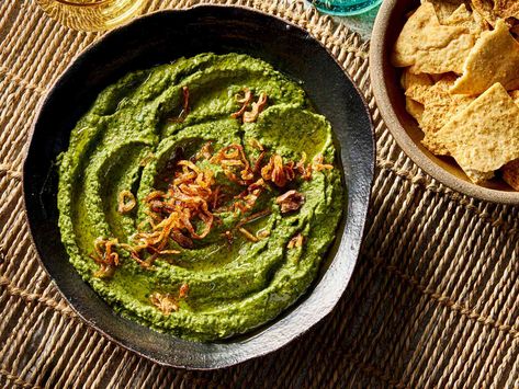 Blend fresh fava beans with cilantro, parsley, mint, and dill for a creamy, vibrant green dip, then top it with crispy fried shallots. Infused Oil Recipes, Shallot Recipes, Fava Bean, Cucumber Salad Recipe, Green Chili Peppers, Creamy Cucumber Salad, Creamy Cucumbers, Fried Shallots, Whipped Feta