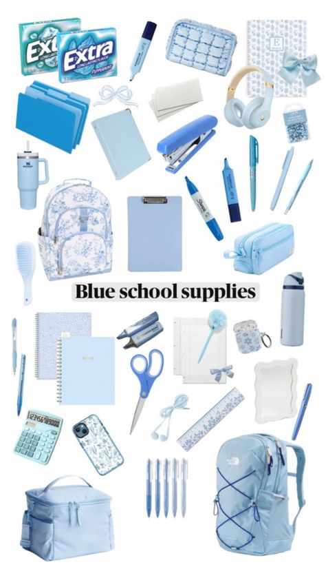 For some reason this one didn't want to upload. Lmk what color you want me to do next! (My pin! Please don't repost or steal  <3) Blue School Supplies, Middle School Essentials, School Emergency Kit, School Backpack Essentials, Cool Stationary, Preppy School Supplies, Everyday Bag Essentials, Pretty School Supplies, School Bag Essentials