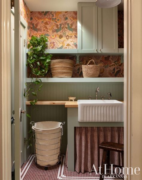 The House that Rock Built - At Home in Arkansas Breakfast Room Green, Transitional Laundry Room, Custom Mosaic Tile, Sink Skirt, Laundry Room Remodel, House On The Rock, Craftsmen Homes, Aesthetic Home, Room Remodeling