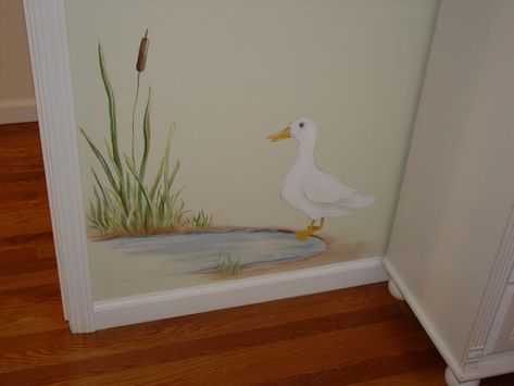 duck by the pond Pond Nursery Theme, Fishing Themed Bedroom, Pond Mural, Pond Nursery, Hand Painted Wall Murals, Painted Wall Murals, Dining Room Transformation, Under The Sea Nursery, Preschool Decor