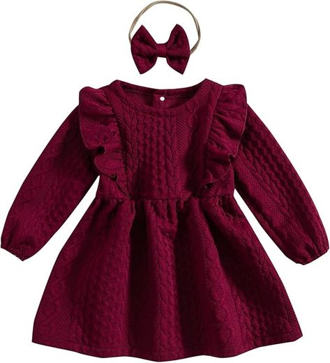 Amazon.com: Baby Girl Knit Dress Long Sleeves Sweater Dress Toddler Fall Winter Outfits with Bowtie: Clothing, Shoes & Jewelry Toddler Girl Christmas Outfits, Girls Knitted Dress, Girls Winter Dresses, Girls Long Sleeve Dresses, Cable Knit Dress, Long Sleeve Cotton Dress, Sleeves Sweater