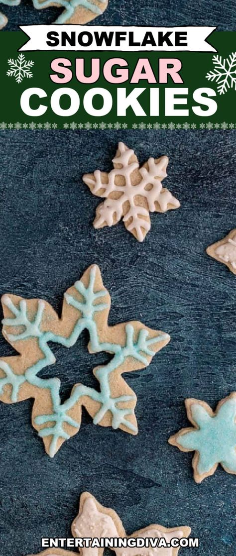 Snowflake Sugar Cookies With Text. | Christmas Recipes Easy Snowflake Cookie Decorating, Sugar Cookie Snowflakes, Snowflake Sugar Cookies Decorating Ideas, Delicious Christmas Treats, Classic Sugar Cookie Recipe, Ikea Snowflake Cookie, Snowflake Christmas Cookies, Christmas Turkey Recipes, Christmas Cookies Recipe