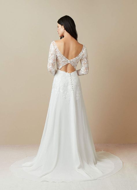 Diamond White Azazie Fleur Diamond White A-Line Sequins Chiffon Dress | Azazie Long Sleeve Sheath Wedding Dress, Wedding Dresses Diamonds, Sweep Train Wedding Dress, Future Planning, Train Dress, Cape Wedding Dress, White Champagne, Wedding Dress Lace, Winter Wedding Dress