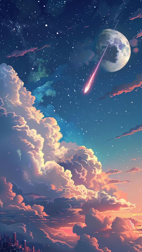 Meteor Shower Art, Meteor Illustration, Happy Charms, Nighttime Sky, Anime Websites, Fantasy Background, Japon Illustration, Meteor Shower, Cool Wallpapers Art