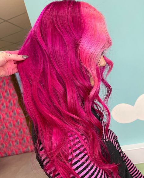 Pink is a win all year 'round 💗 @hairbygeorgiaa_ is ticking all the boxes with this Fuschia Shock and Cotton Candy Pink look 🌸 #manicpanic #manicpanicprofessional #hair #haircare #hairstylist #hairinspo #healthyhair #hairstyles #hairsalon #crueltyfreebeauty #haircolor #veganhair #crueltyfreehairdye #saloninternational #saloncolour @creativeheadmag @prohairmag @hairdressersjournal @sallybeautyuk @salonservicesuk @astonandfincher @salonsdirect @adelprohairbeauty @salon_int Red And Fuschia Hair, Manic Panic Fuschia Shock, Fuschia Hair, Fuchsia Hair, Pink Look, Semi Permanent Hair Dye, Colourful Hair, Vegan Hair, Manic Panic