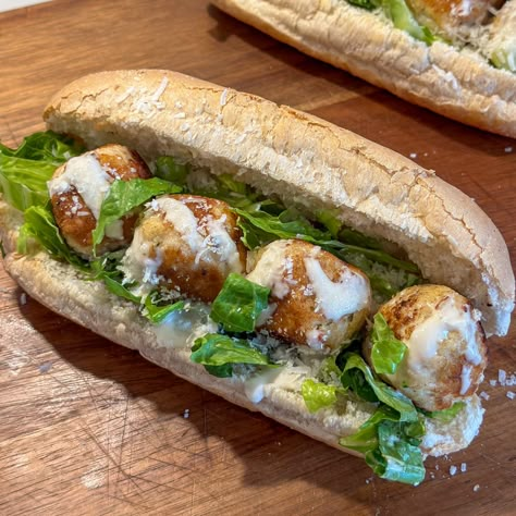 Chicken Caesar Meatball Sub Sandwiches Meatball Subs Recipes, Teriyaki Chicken Ramen, Chicken Meatball Subs, Pork Wonton Recipe, Avocado Wrap Recipes, Creamy Honey Mustard Chicken, Meatball Sub Sandwiches, Chicken Caesar Sandwich, Steak Taco Recipe