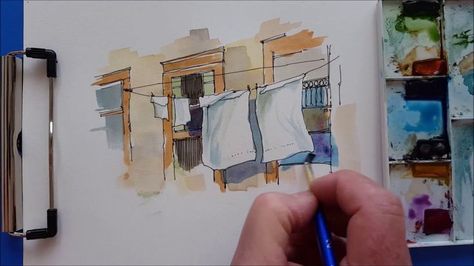 A quick and fun Watercolor Demonstration. Laundry Shadows. Peter Sheeler, Line And Wash, Fun Watercolor, Pen And Wash, Watercolor Video, Watercolor Lessons, Diy Watercolor Painting, Diy Watercolor, Watercolor Paintings Tutorials