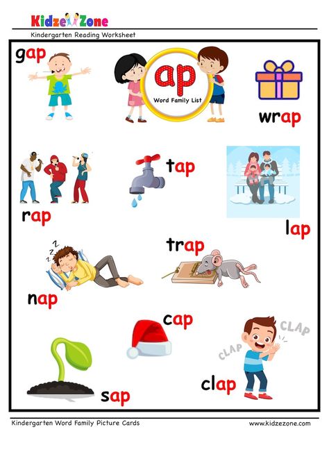 Word Family Worksheets Kindergarten, Ap Family Words Worksheet, Ap Words Worksheet, Ap Word Family Worksheets, Ap Words, Ap Word Family, Sound Chart, Jolly Phonics Activities, Word Family List