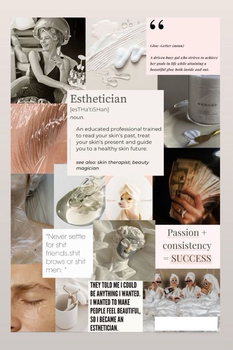 Esthetician vision collage Esthetician Wallpaper Ipad, Asthetic Picture Esthetician, Esthetics Portfolio Ideas, Esthetics Must Haves, Esthetician Note Taking, Esthetician Wallpaper Iphone, Esthetician Student Quotes, Cute Esthetician Wallpaper, Esthetician Instagram Aesthetic