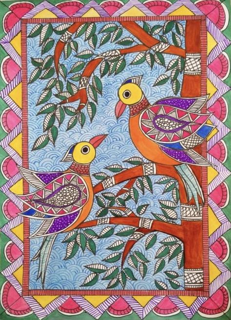 Traditional Madhubani Painting folk art fish art bird art | Etsy Madhubani Birds, Peacock Madhubani, Madhubani Paintings Peacock, Painting Folk Art, Indian Traditional Paintings, Gond Painting, Kalamkari Painting, Folk Art Flowers, Doodle Art Drawing