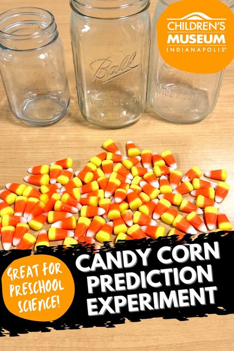 Candy corn scattered across a wooden table with 3 clear glass jars lined up behind the pile of candy. Candy Corn Science Experiment, Corn Science Experiment, Candy Corn Experiment, Candy Corn Science, Homeschool Halloween, Fall Science Activities, Fall Science, Leftover Candy, Leftover Halloween Candy